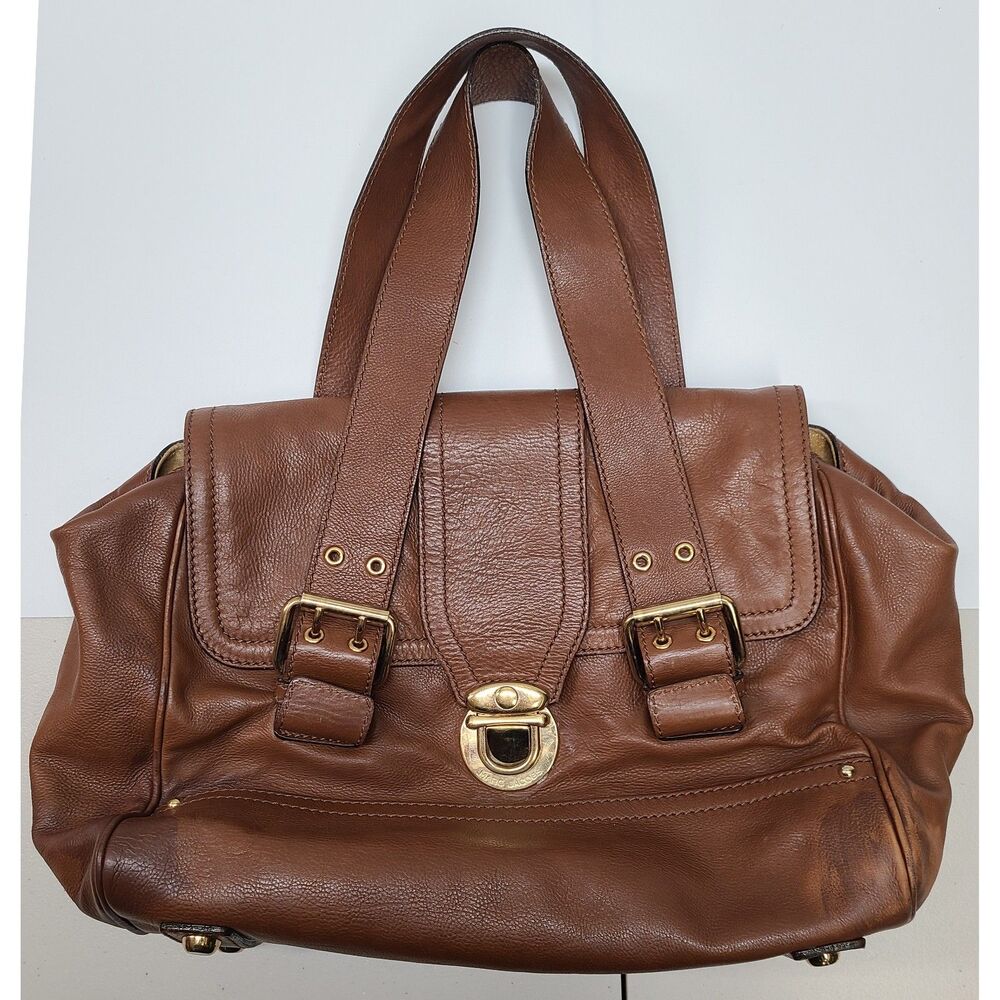 Marc Jacobs Brown Leather Satchel Bag Push Lock Top Handle Made in Italy